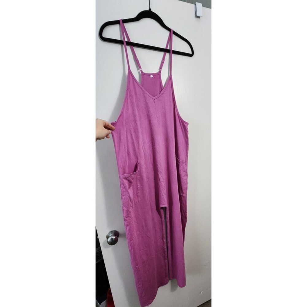 Womens Sz M Purple Spaghetti Strap Jumpsuit Casual Loose Baggy Pockets Lounge
